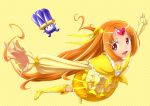  boots bow brooch bubble_skirt chikuyama circlet cure_muse cure_muse_(yellow) dress earrings fairy_tone frills hair_ribbon heart jewelry long_hair magical_girl orange_hair outstretched_arms precure red_eyes ribbon shirabe_ako smile spread_arms suite_precure yellow yellow_background yellow_dress 