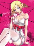  blonde_hair blue_eyes blush bra breasts catherine catherine_(game) cleavage crossed_legs drill_hair highres lingerie long_hair looking_at_viewer pink_bra pokimari sitting solo thigh-highs thighhighs twin_drills twintails underwear 