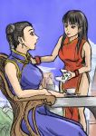  2girls black_hair braid chair china_dress chinese_clothes controller crossover cup dead_or_alive double_bun earrings game_controller gamepad jewelry lei_fang long_hair multiple_girls no_bangs pai_chan payot side_slit sitting teacup twin_braids virtua_fighter xbox_360 