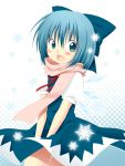  blue_eyes blue_hair blush bow cirno hair_bow halftone halftone_background oniku-chan open_mouth perfect_cherry_blossom scarf smile snowflakes solo touhou v_arms wings 