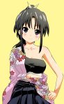  1girl bare_shoulders black_eyes black_hair breasts copyright_request female highres japanese_clothes large_breasts long_skirt medium_breasts off_shoulder ponytail simple_background skirt smile solo standing upper_body 