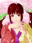 1girl blush_stickers brown_eyes brown_hair cherry_blossoms japanese_clothes kimono lips payot petals pleasure-treasure solo tree umenokouji_aoi virtua_fighter 