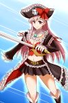  belt boots bow breasts captain_liliana cleavage frills hat highres jolly_roger long_hair midriff pink_hair pirate_hat pleated_skirt queen&#039;s_blade queen&#039;s_blade_rebellion queen's_blade queen's_blade_rebellion sekitaku skirt skull_and_crossed_swords smile solo sword weapon 