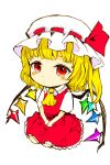  ascot blonde_hair bow child dress face flandre_scarlet hat kneeling red_eyes ribbon short_hair side_ponytail simple_background sisenshyo solo the_embodiment_of_scarlet_devil touhou white_background wings 
