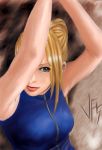  1girl armpits arms_up bare_shoulders blonde_hair blue_eyes bodysuit eyelashes hiropon_(hiropong) lips lipstick one_eye_covered ponytail sarah_bryant solo virtua_fighter 