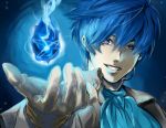  blue_eyes blue_hair c_kago drin face fire gloves grin hands headset kaito male musical_note portrait pyrokinesis smile solo vocaloid 