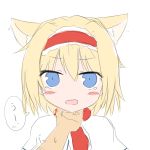  alice_margatroid animal_ears blonde_hair blue_eyes blush cat_ears catgirl chin_stroking chin_tickle hairband hand_to_chin kemonomimi_mode nekomimi open_mouth pet_the_catgirl petting shize_(coletti) short_hair solo sweatdrop tears touhou translated xyxy0707 