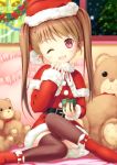  character_request christmas copyright_request endou_hiroto hat highres red_eyes santa_costume santa_hat thigh-highs thighhighs twintails 