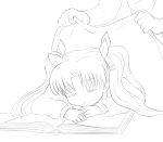  blanket book bow closed_eyes covering drawfag eyes_closed fate/stay_night fate/zero fate_(series) hair_bow head_out_of_frame lineart monochrome open_book sleeping tohsaka_rin toosaka_rin twintails work_in_progress young 