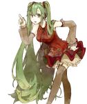  detached_sleeves dress garter_straps green_eyes green_hair hand_on_hip hatsune_miku hips leaning_forward long_hair pointing simple_background solo thigh-highs thighhighs twintails very_long_hair vocaloid 