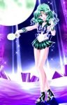  1girl aqua_hair bishoujo_senshi_sailor_moon blue_eyes bow deep_aqua_mirror full_moon gloves kaiou_michiru long_hair magical_girl mirror moon pleated_skirt ribbon sailor_collar sailor_moon sailor_neptune shoes skirt solo sparkle tiara white_gloves yukinyan 