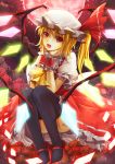  ascot black_legwear blonde_hair chin_rest crystal fang flandre_scarlet flower full_moon glowing glowing_wings hat highres mary_janes moon open_mouth petals red_eyes red_moon rose shoes short_hair side_ponytail sola_(sola04) solo the_embodiment_of_scarlet_devil thigh-highs thighhighs touhou wings wrist_cuffs 