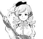  beret bust drawr drill_hair fingerless_gloves gloves gun hair_ornament hat magical_girl magical_musket mahou_shoujo_madoka_magica monochrome smile solo tomoe_mami twin_drills twintails weapon 