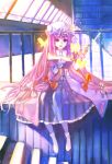  book bookshelf bow butterfly crescent hair_bow hat highres long_hair magic open_mouth patchouli_knowledge purple_hair room sitting smile solo stairs touhou very_long_hair wand window yellow_eyes zrero 