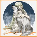  androgynous barefoot closed_eyes darkwinslow enkidu_(fate/strange_fake) eyes_closed fate/stay_night fate/strange_fake fate_(series) feet green_hair hug long_hair male sitting smile solo trap very_long_hair wolf 