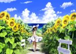  bare_legs bare_shoulders black_hair braid cloud copyright_request dress field flower flower_field from_behind hand_on_hat hat highres imaoka looking_back nature no_socks ocean open_mouth path sandals scenery sky sleeveless smile solo summer sundress sunflower twin_braids walking water white_dress 