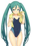  aqua_hair blush competition_swimsuit green_hair hatsune_miku kabocha_head long_hair looking_at_viewer one-piece_swimsuit simple_background solo swimsuit towel twintails very_long_hair vocaloid 