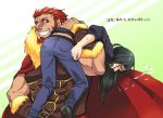  2boys adult armor beard black_hair border00 cape carrying cigar facial_hair fate/stay_night fate/zero fate_(series) jeans long_hair lord_el-melloi_ii male multiple_boys red_eyes red_hair redhead rider_(fate/zero) waver_velvet 