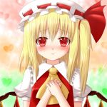  ascot blonde_hair blush bust dotera dotera-otoko flandre_scarlet frills hands_on_own_chest hat heart red_eyes short_hair side_ponytail solo sparkle the_embodiment_of_scarlet_devil touhou wings 