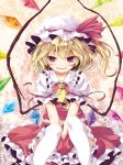  1girl ascot between_legs blonde_hair blush fang flandre_scarlet hand_between_legs hands_together hat highres looking_at_viewer red_eyes short_hair side_ponytail sitting solo tamago_gohan thigh-highs thighhighs touhou white_legwear wings 