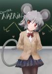  animal_ears arms_behind_back blazer bowtie chalkboard checkered checkered_skirt dowsing_rod grey_eyes grey_hair head_tilt heart highres ikmg jacket mouse_ears mouse_tail nazrin pantyhose red_eyes school_uniform shirt short_hair skirt smile solo tail touhou 
