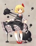  blonde_hair blueberry_(5959) darkness dress eyebrows fang frilled_skirt frills gathers hair_ribbon highres kneehighs looking_away mary_janes petticoat pigeon-toed red_eyes ribbon rumia shoes short_hair simple_background skirt skirt_set slime slip_skirt smile solo standing the_embodiment_of_scarlet_devil touhou white_legwear youkai 