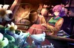  book book_stack dutch_angle floral_print flower hair_flower hair_ornament hieda_no_akyuu highres japanese_clothes kimono lights lily_(flower) phonograph purple_eyes purple_hair ryosios sash shaded_face shadow_over_eyes short_hair sitting solo spider_web touhou violet_eyes 