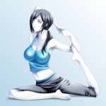  1girl barefoot black_hair breasts capri_pants flexible grey_eyes highres impossible_clothes large_breasts long_hair midriff navel ponytail simple_background smile solo spandex tamamon tank_top trainer_(wii_fit) white_skin wii_fit yoga 