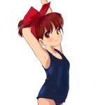  arms_up brown_eyes brown_hair child face flat_chest kiki majo_no_takkyuubin one-piece_swimsuit ponytail porinky school_swimsuit short_hair studio_ghibli swimsuit 