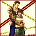  1boy 1girl asia_airport belt billy_coen blue_eyes body_armor brown_hair bulletproof_vest capcom choker couple cuffs dog_tags female fingerless_gloves gift gloves handcuffs height_difference hug hug_from_behind jewelry lowres male necklace pants police_tape police_uniform present rebecca_chambers resident_evil resident_evil_0 short_hair tank_top tattoo uniform 