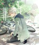  akise_aru bicycle cat child hoodie jacket kneeling lirura male mirai_nikki red_eyes solo white_hair 
