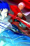  2boys aonome archer blue_hair dark_skin earrings fate/stay_night fate_(series) fighting gae_bolg jewelry lancer long_hair male multiple_boys polearm spear sword weapon white_hair 