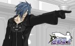  1boy aosasami blue_eyes blue_hair cloak gloves gyakuten_saiban hair_over_one_eye kingdom_hearts male parody pointing solo style_parody zexion 