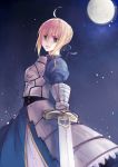  ahoge armor armored_dress blonde_hair dress excalibur fate/stay_night fate_(series) faulds fhalei full_moon gauntlets green_eyes hair_ribbon moon ribbon saber solo sword weapon 