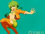  breasts green_eyes green_hair gumi jacket matsuda_mattsun megpoid_(vocaloid3) midriff navel open_mouth payot short_hair shorts smile solo suspenders thigh-highs thighhighs under_boob underboob vocaloid 