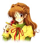  artist_request blush brown_eyes brown_hair cross drill_hair holding kamikaze_kaitou_jeanne kusakabe_maron long_hair lowres puffy_sleeves school_uniform smile solo wink 