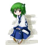  brown_eyes child frog gohei green_hair japanese_clothes kochiya_sanae miko sandals short_hair sitting sitting_on_stairs smile solo stairs touhou unya young 