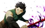  black_hair dual_wielding fate/stay_night fate/zero fate_(series) gae_buidhe gae_dearg lancer_(fate/zero) male mole polearm ribbon short_hair solo spear weapon yellow_eyes yun_(neo) 