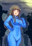  adult black_hair blue_eyes bodysuit breasts chiyo_koharu hand_on_hip highres hips large_breasts long_hair solo star_sapphire touhou wings 