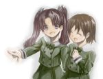  2girls ^_^ black_hair blue_eyes brown_hair child closed_eyes eyes_closed fate/stay_night fate/zero fate_(series) kotone_(fate/zero) multiple_girls school_uniform short_hair tohsaka_rin toosaka_rin twintails yebiiiiii young 