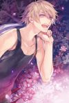  bad_id blonde_hair cherry_blossoms flower ivan_karelin jacket male glasses_(artist) open_mouth purple_eyes purple_jacket short_hair solo tank_top tiger_&amp;_bunny violet_eyes 