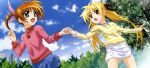 2girls absurdres blonde_hair blue_eyes brown_hair casual cloud fate_testarossa hand_holding highres holding_hands legs long_hair lyrical_nanoha mahou_shoujo_lyrical_nanoha mahou_shoujo_lyrical_nanoha_the_movie_1st multiple_girls nyantype official_art open_mouth purple_eyes red_eyes short_twintails sky takamachi_nanoha twintails very_long_hair 