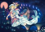  apple arm_up bat_wings birdcage blonde_hair blue_hair bow bridge cage covering covering_eyes covering_face covering_one_eye cross crystal dress flandre_scarlet flower food fruit full_moon hat hat_ribbon house lily lily_(flower) midriff moon multiple_girls nail_polish navel night night_sky orita_enpitsu petals red_eyes red_moon red_rose remilia_scarlet ribbon rose rose_petals scarlet_devil_mansion short_hair siblings sisters skirt skirt_set sky star_(sky) starry_sky thighhighs touhou white_legwear windmill wings wrist_cuffs 