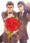  ahoge black_hair blue_hair bouquet bowtie earrings fate/stay_night fate/zero fate_(series) flower formal highres jewelry lancer lancer_(fate/zero) long_hair male mole multiple_boys necktie ponytail re-_(71832889) red_eyes short_hair suit wink yellow_eyes 