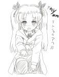  ahegao black_legwear blush child coat empty_eyes fate/stay_night fate/zero fate_(series) hair_ribbon ishikkoro long_hair monochrome open_mouth outstretched_arm ribbon saliva seiza sitting sketch solo sweatdrop thigh-highs thighhighs tohsaka_rin toosaka_rin twintails young 