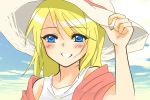  blonde_hair blue_eyes face hat holding holding_hat kagamine_rin portrait sky solo sun_hat torurin vocaloid 