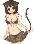  animal_ears bikini blush breasts brown_eyes brown_hair cat_ears cat_tail cleavage collarbone front-tie_top miyamae_porin navel open_mouth original ribbon see-through short_hair signature simple_background skirt smile solo swimsuit tail tail_ribbon 