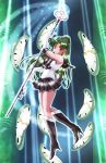  1girl bishoujo_senshi_sailor_moon bow clock earrings elbow_gloves gloves green_hair hair_bun jewelry long_hair magical_girl meiou_setsuna pleated_skirt red_eyes ribbon sailor_collar sailor_pluto skirt solo sparkle tiara time_staff weapon white_gloves yukinyan 