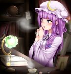  blush book bookshelf bow breath chair cold crescent cup desk female german hair_bow hands_together hat indoors lamp long_hair miki_purasu note patchouli_knowledge purple_eyes purple_hair sitting solo steam teacup text touhou translated violet_eyes 
