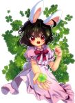  ahoge amo animal_ears black_hair blush bunny_ears bunny_tail bust clover dress four-leaf_clover holding holding_gift inaba_tewi incoming_gift looking_at_viewer messy_hair open_clothes outstretched_hand red_eyes short_hair solo tail touhou 